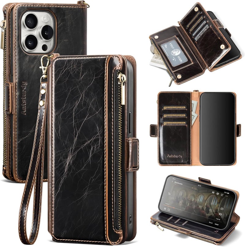 Antsturdy Compatible with iPhone 16 Pro Max Wallet Case,RFID Blocking PU Leather Phone Case Women Men Kickstand flip Cover Wrist Strap Zipper Credit Card Holder Slots for Apple 16 ProMax,Coffee - Image 1